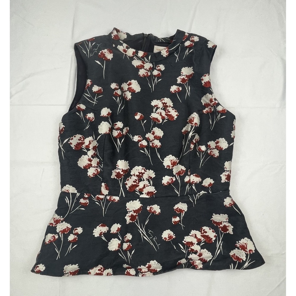 TORY BURCH WOMENS SIZE 12 FLORAL PEPLUM SLEEVELESS WOOL SILK TOP NAVY RED WHITE